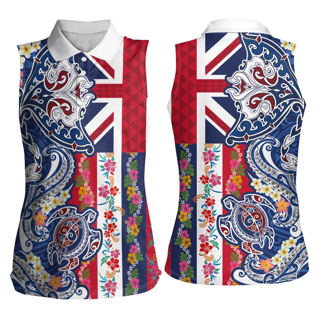 Hawaiian Manta Ray and Turtle Tribal Tattoo Women Sleeveless Polo Shirt With Hawaii Flag and Flowers