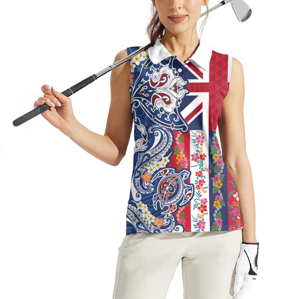 Hawaiian Manta Ray and Turtle Tribal Tattoo Women Sleeveless Polo Shirt With Hawaii Flag and Flowers
