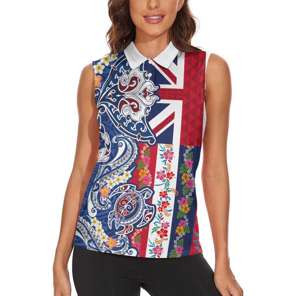 Hawaiian Manta Ray and Turtle Tribal Tattoo Women Sleeveless Polo Shirt With Hawaii Flag and Flowers