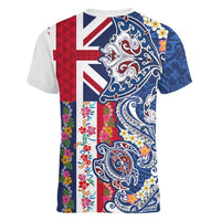 Hawaiian Manta Ray and Turtle Tribal Tattoo Women V-Neck T-Shirt With Hawaii Flag and Flowers