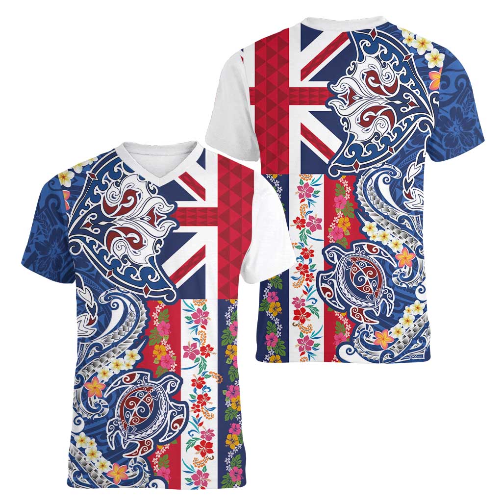Hawaiian Manta Ray and Turtle Tribal Tattoo Women V-Neck T-Shirt With Hawaii Flag and Flowers