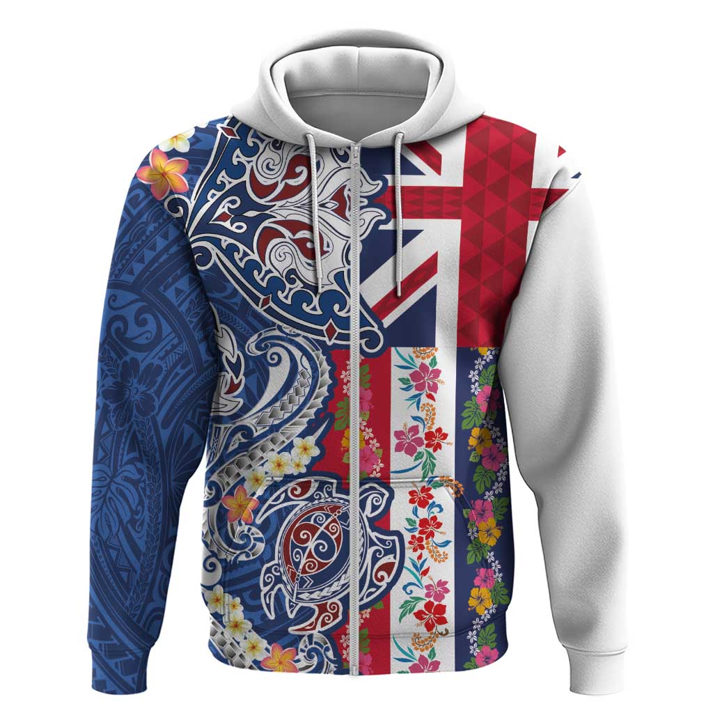 Hawaiian Manta Ray and Turtle Tribal Tattoo Zip Hoodie With Hawaii Flag and Flowers LT03 Zip Hoodie Multicolor - Polynesian Pride