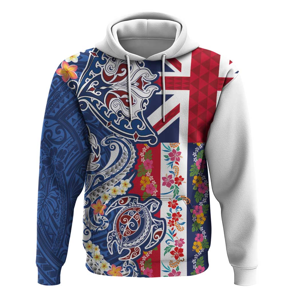 Hawaiian Manta Ray and Turtle Tribal Tattoo Zip Hoodie With Hawaii Flag and Flowers LT03 Pullover Hoodie Multicolor - Polynesian Pride