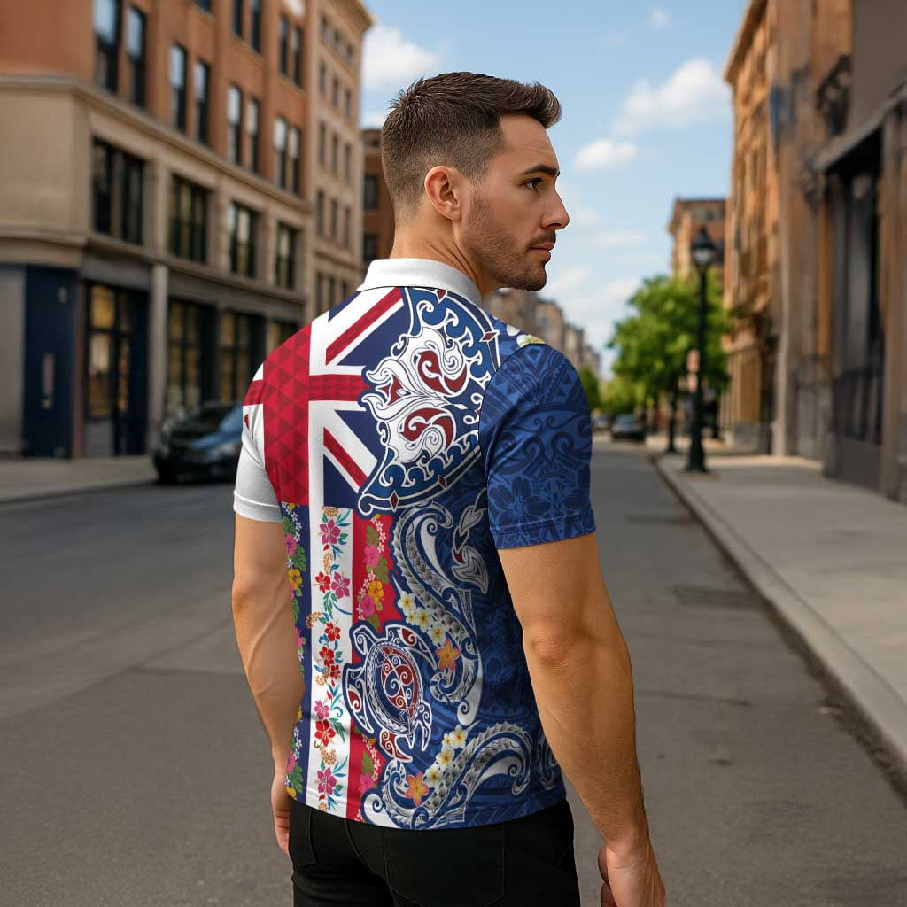 Hawaiian Manta Ray and Turtle Tribal Tattoo Zipper Polo Shirt With Hawaii Flag and Flowers LT03 - Polynesian Pride