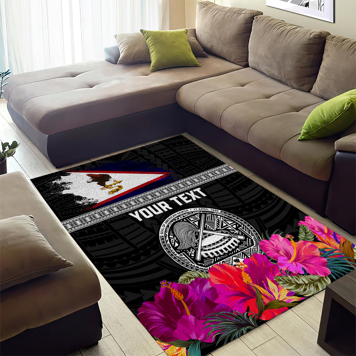 Personalized American Samoa Flag Day Area Rug Tanoa and Fue mix Hibiscus Flower Polynesian Pattern