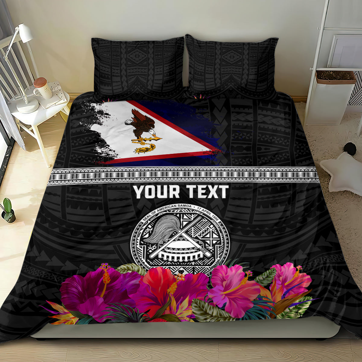 Personalized American Samoa Flag Day Bedding Set Tanoa and Fue mix Hibiscus Flower Polynesian Pattern