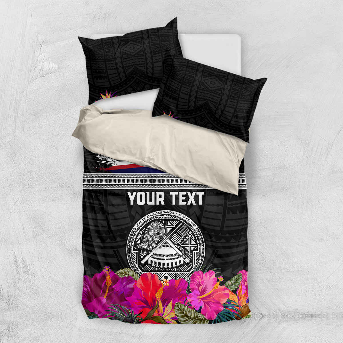 Personalized American Samoa Flag Day Bedding Set Tanoa and Fue mix Hibiscus Flower Polynesian Pattern
