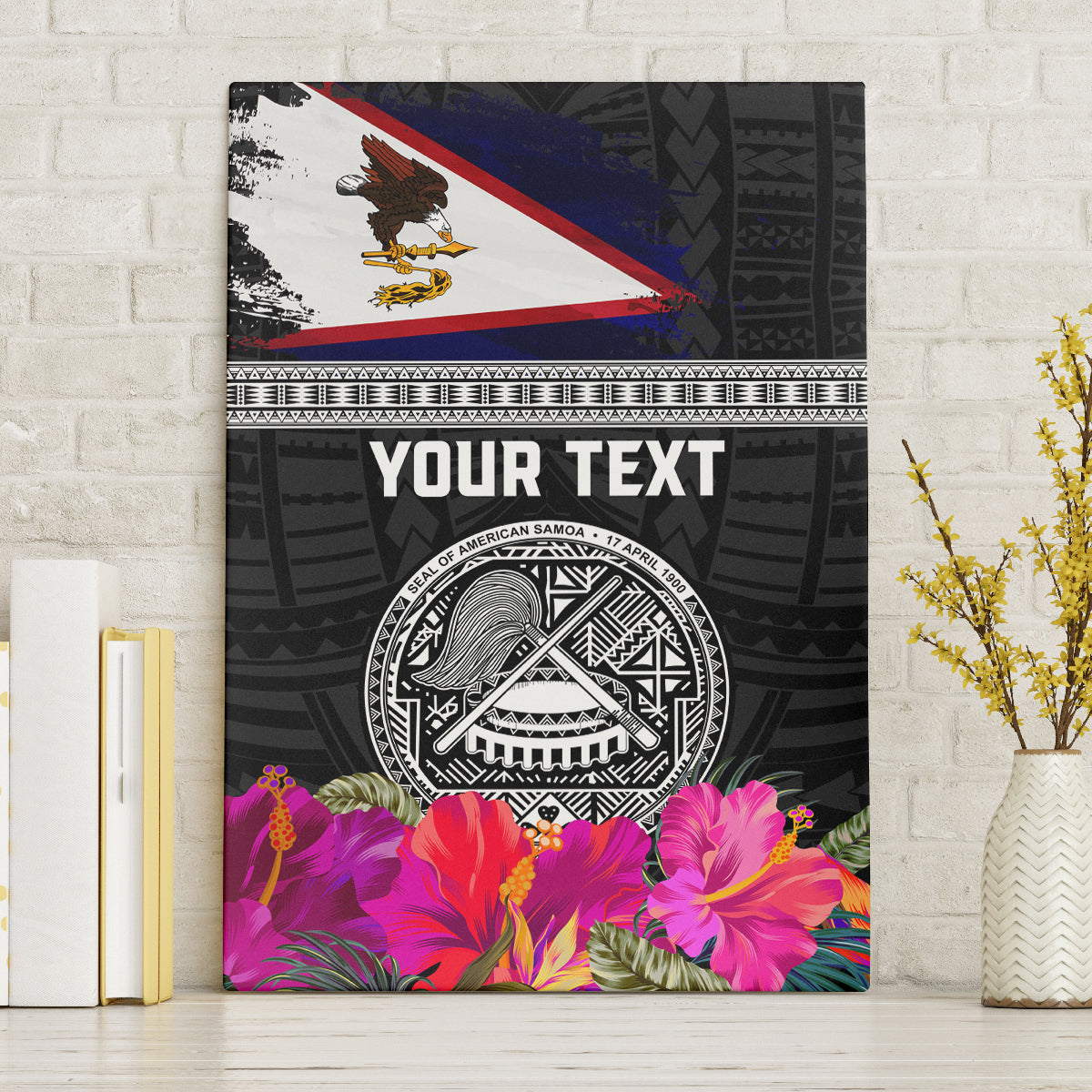 Personalized American Samoa Flag Day Canvas Wall Art Tanoa and Fue mix Hibiscus Flower Polynesian Pattern