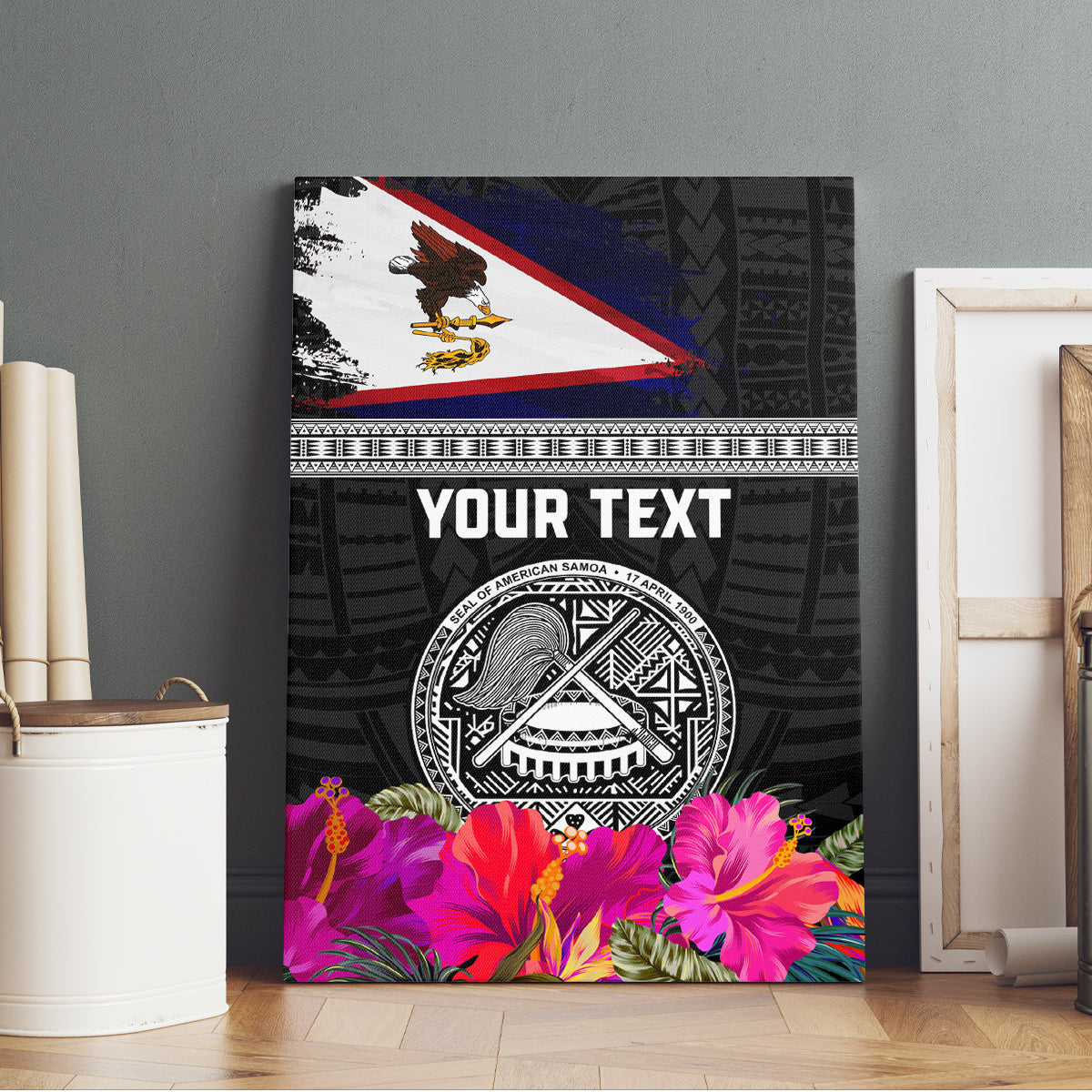 Personalized American Samoa Flag Day Canvas Wall Art Tanoa and Fue mix Hibiscus Flower Polynesian Pattern