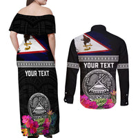 Personalized American Samoa Flag Day Couples Matching Off Shoulder Maxi Dress and Long Sleeve Button Shirt Tanoa and Fue mix Hibiscus Flower Polynesian Pattern