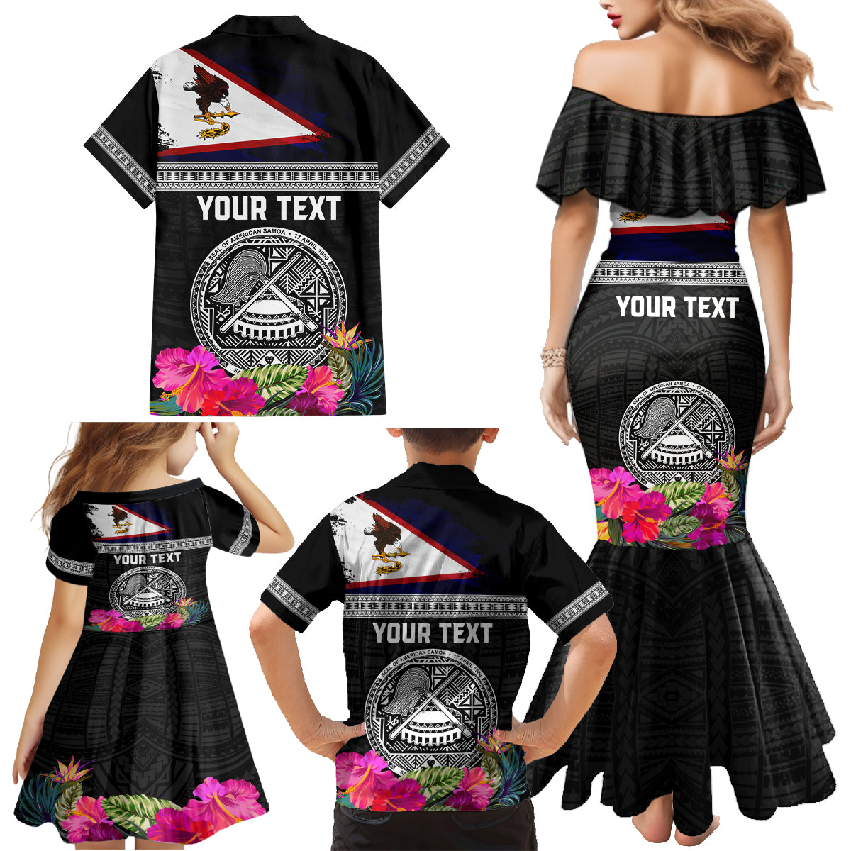 Personalized American Samoa Flag Day Family Matching Mermaid Dress and Hawaiian Shirt Tanoa and Fue mix Hibiscus Flower Polynesian Pattern