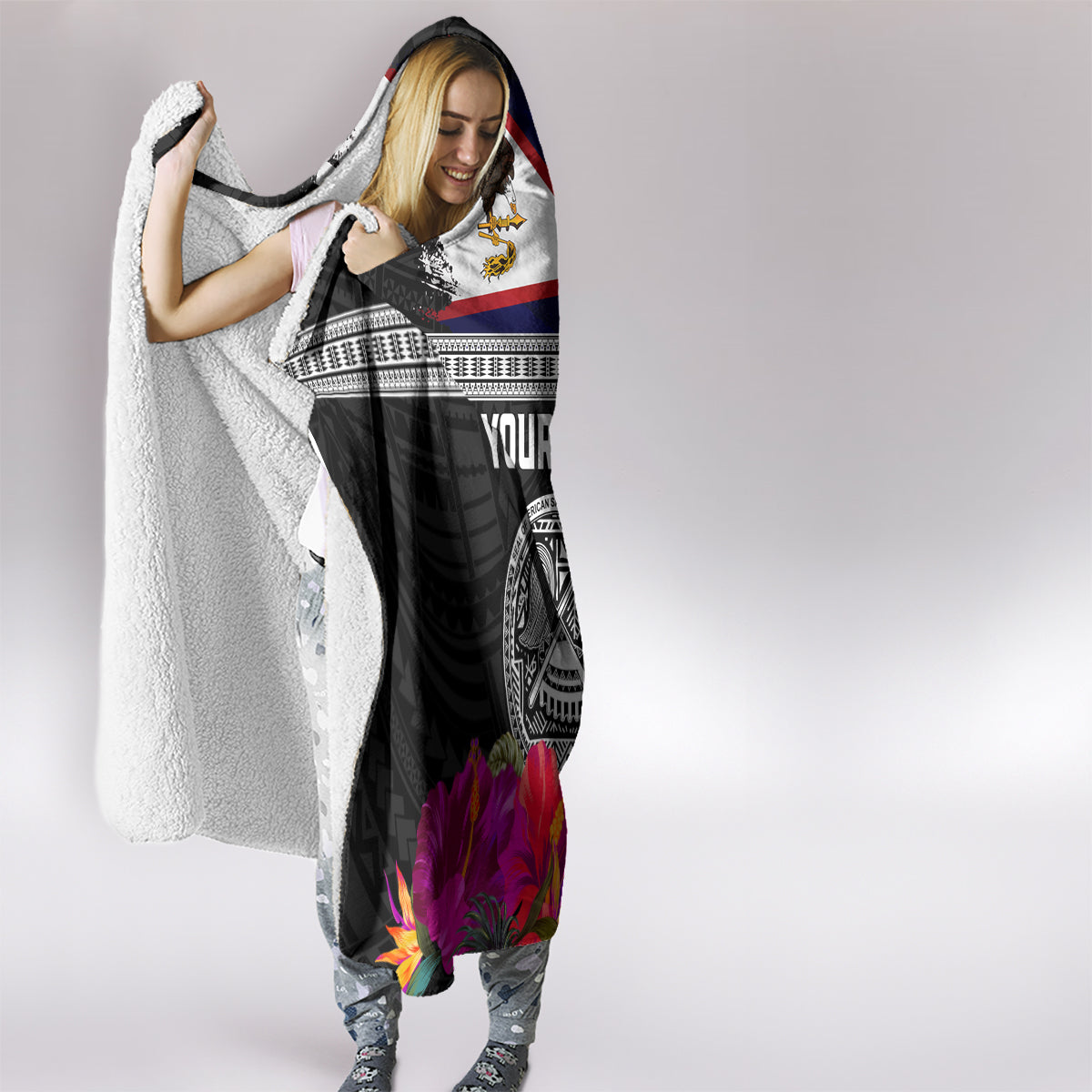 Personalized American Samoa Flag Day Hooded Blanket Tanoa and Fue mix Hibiscus Flower Polynesian Pattern