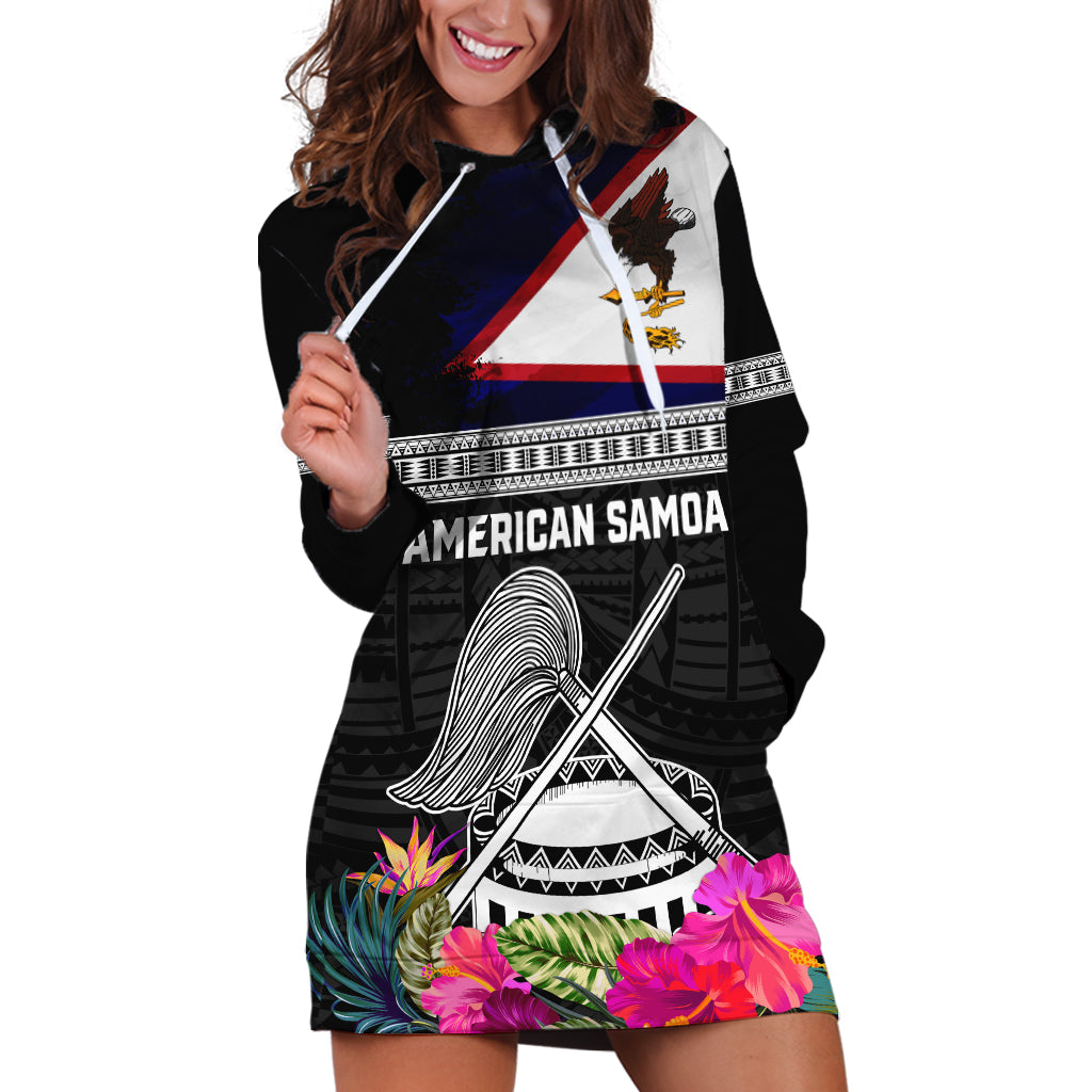 Personalized American Samoa Flag Day Hoodie Dress Tanoa and Fue mix Hibiscus Flower Polynesian Pattern