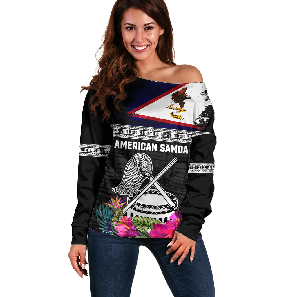 Personalized American Samoa Flag Day Off Shoulder Sweater Tanoa and Fue mix Hibiscus Flower Polynesian Pattern