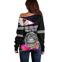 Personalized American Samoa Flag Day Off Shoulder Sweater Tanoa and Fue mix Hibiscus Flower Polynesian Pattern