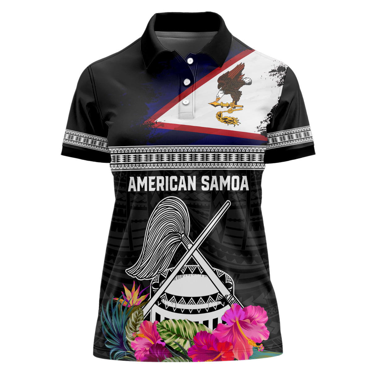 Personalized American Samoa Flag Day Women Polo Shirt Tanoa and Fue mix Hibiscus Flower Polynesian Pattern