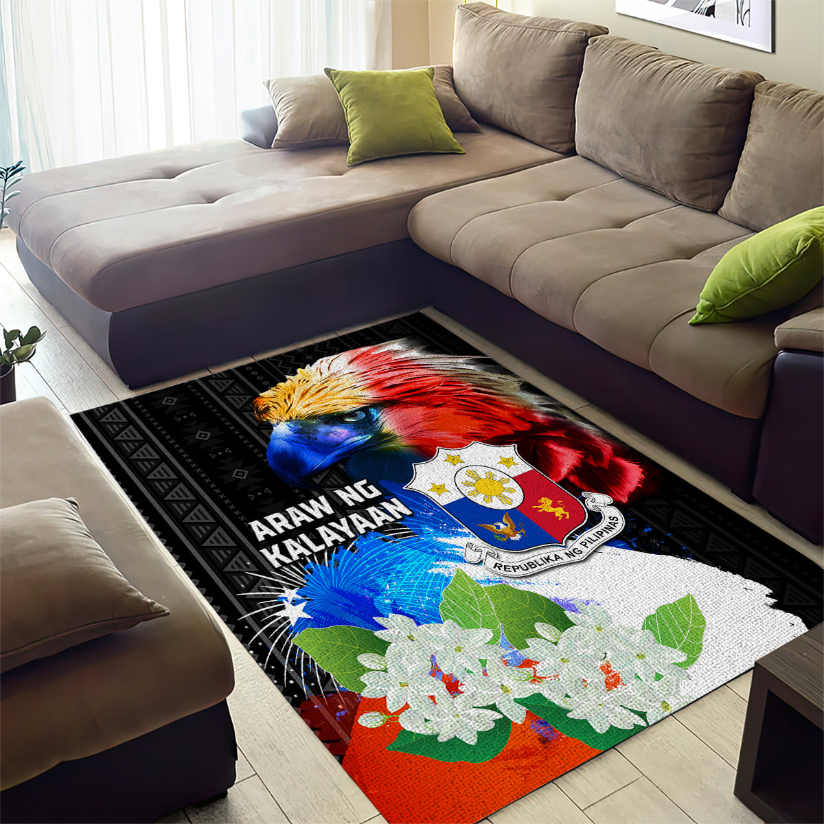 Philippines Independence Day Area Rug Philippines Eagle and Sampaguita Jasmine Yakan Tribal