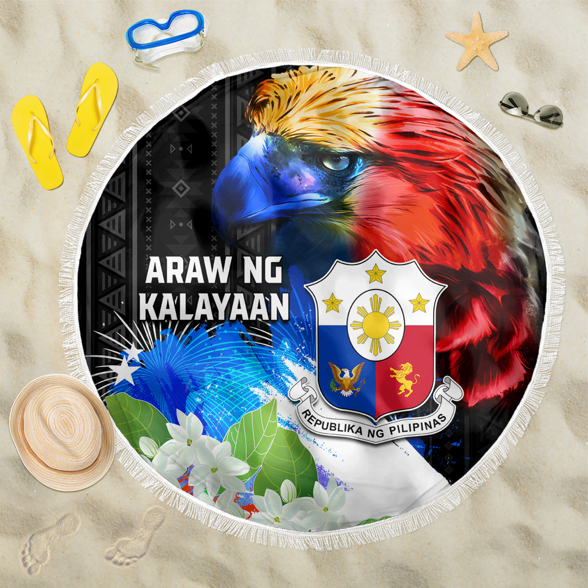 Philippines Independence Day Beach Blanket Philippines Eagle and Sampaguita Jasmine Yakan Tribal