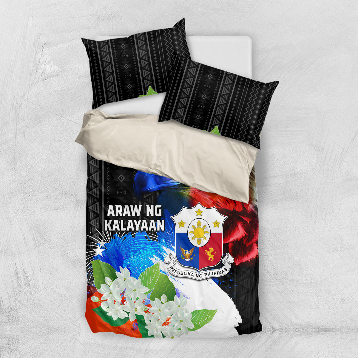 Philippines Independence Day Bedding Set Philippines Eagle and Sampaguita Jasmine Yakan Tribal