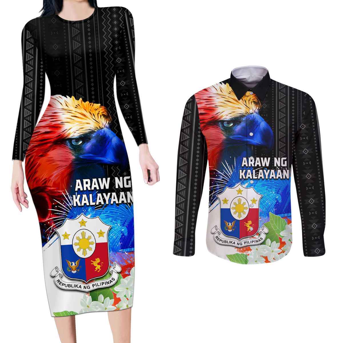 Philippines Independence Day Couples Matching Long Sleeve Bodycon Dress and Long Sleeve Button Shirt Philippines Eagle and Sampaguita Jasmine Yakan Tribal