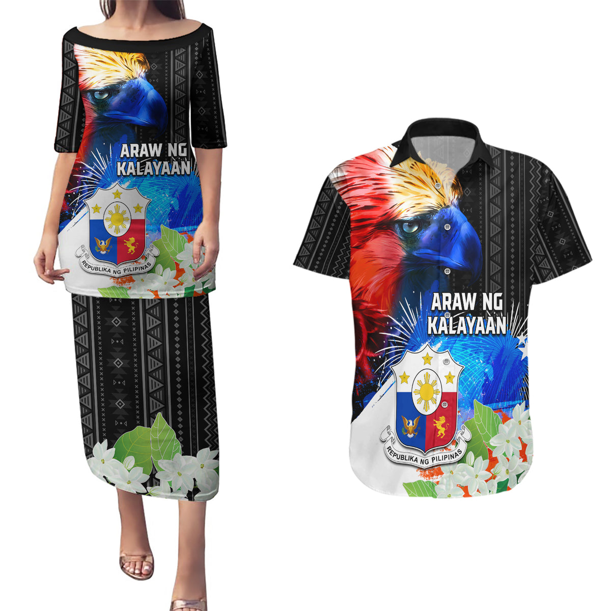 Philippines Independence Day Couples Matching Puletasi and Hawaiian Shirt Philippines Eagle and Sampaguita Jasmine Yakan Tribal