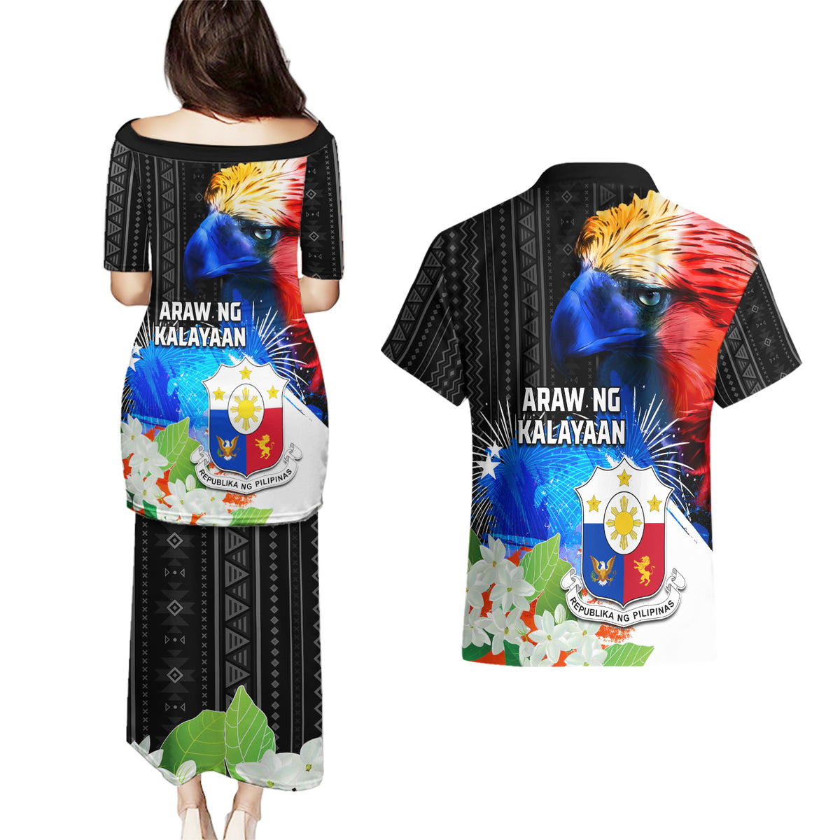 Philippines Independence Day Couples Matching Puletasi and Hawaiian Shirt Philippines Eagle and Sampaguita Jasmine Yakan Tribal