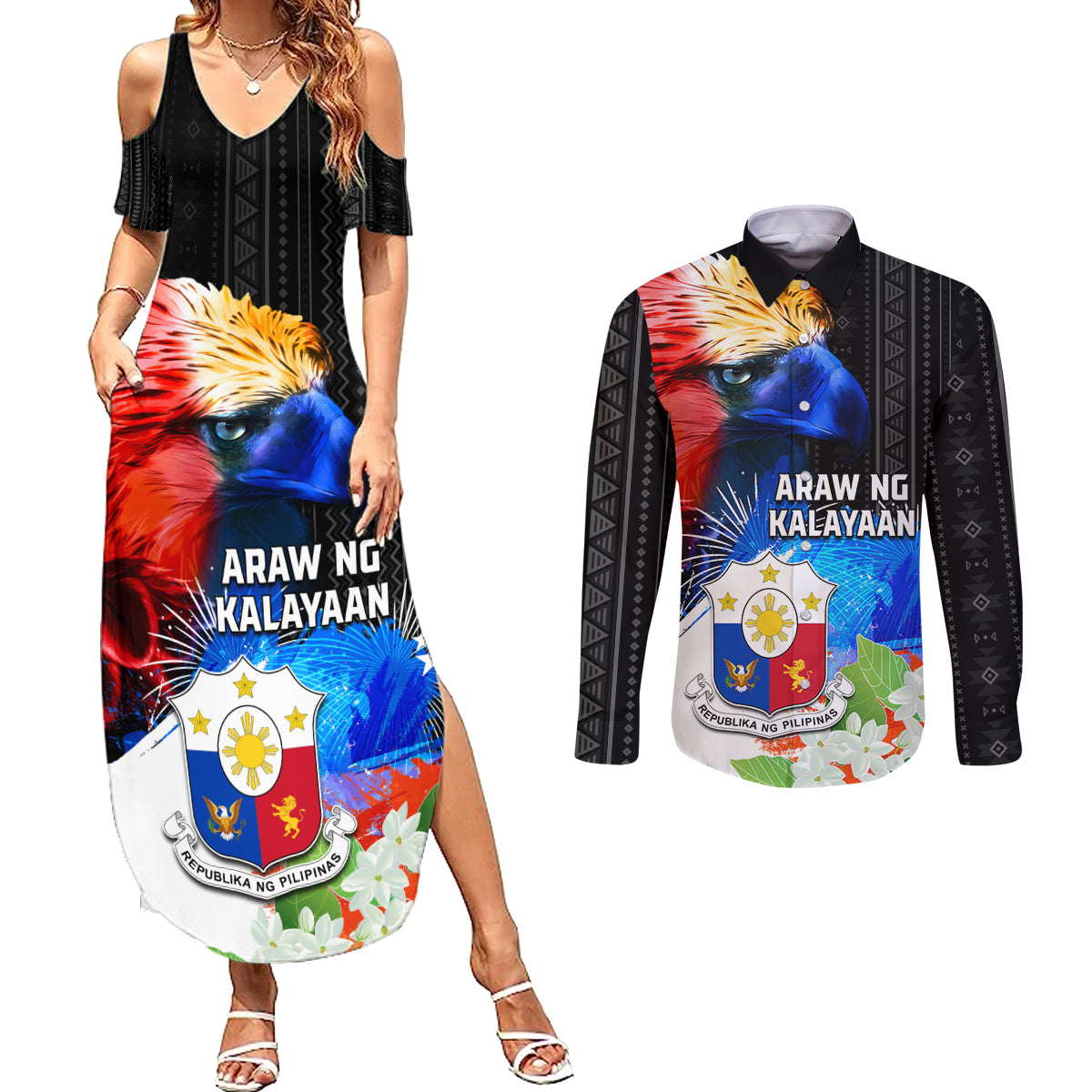 Philippines Independence Day Couples Matching Summer Maxi Dress and Long Sleeve Button Shirt Philippines Eagle and Sampaguita Jasmine Yakan Tribal