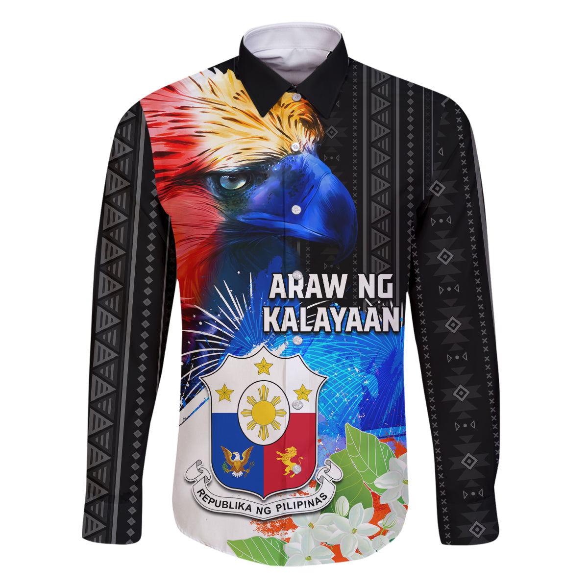 Philippines Independence Day Family Matching Off Shoulder Maxi Dress and Hawaiian Shirt Philippines Eagle and Sampaguita Jasmine Yakan Tribal