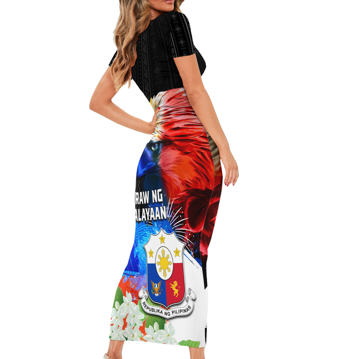 Philippines Independence Day Family Matching Short Sleeve Bodycon Dress and Hawaiian Shirt Philippines Eagle and Sampaguita Jasmine Yakan Tribal LT03 - Polynesian Pride