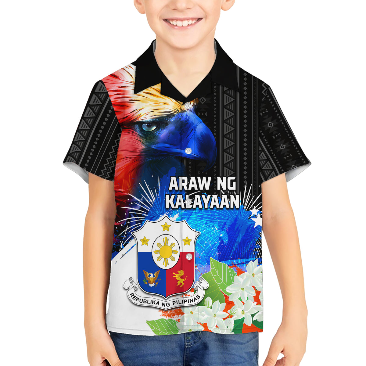 Philippines Independence Day Family Matching Short Sleeve Bodycon Dress and Hawaiian Shirt Philippines Eagle and Sampaguita Jasmine Yakan Tribal LT03 Son's Shirt Black - Polynesian Pride