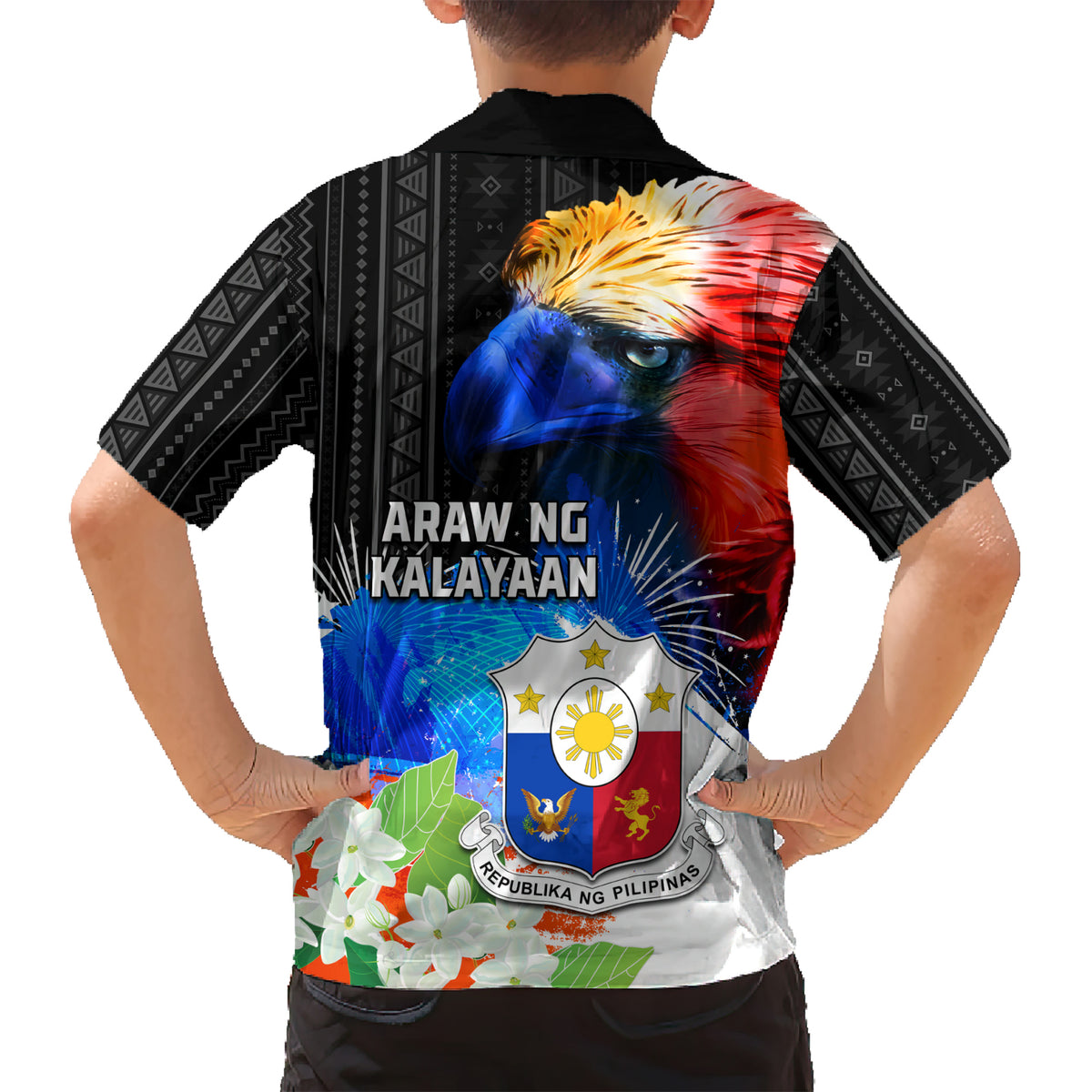 Philippines Independence Day Kid Hawaiian Shirt Philippines Eagle and Sampaguita Jasmine Yakan Tribal