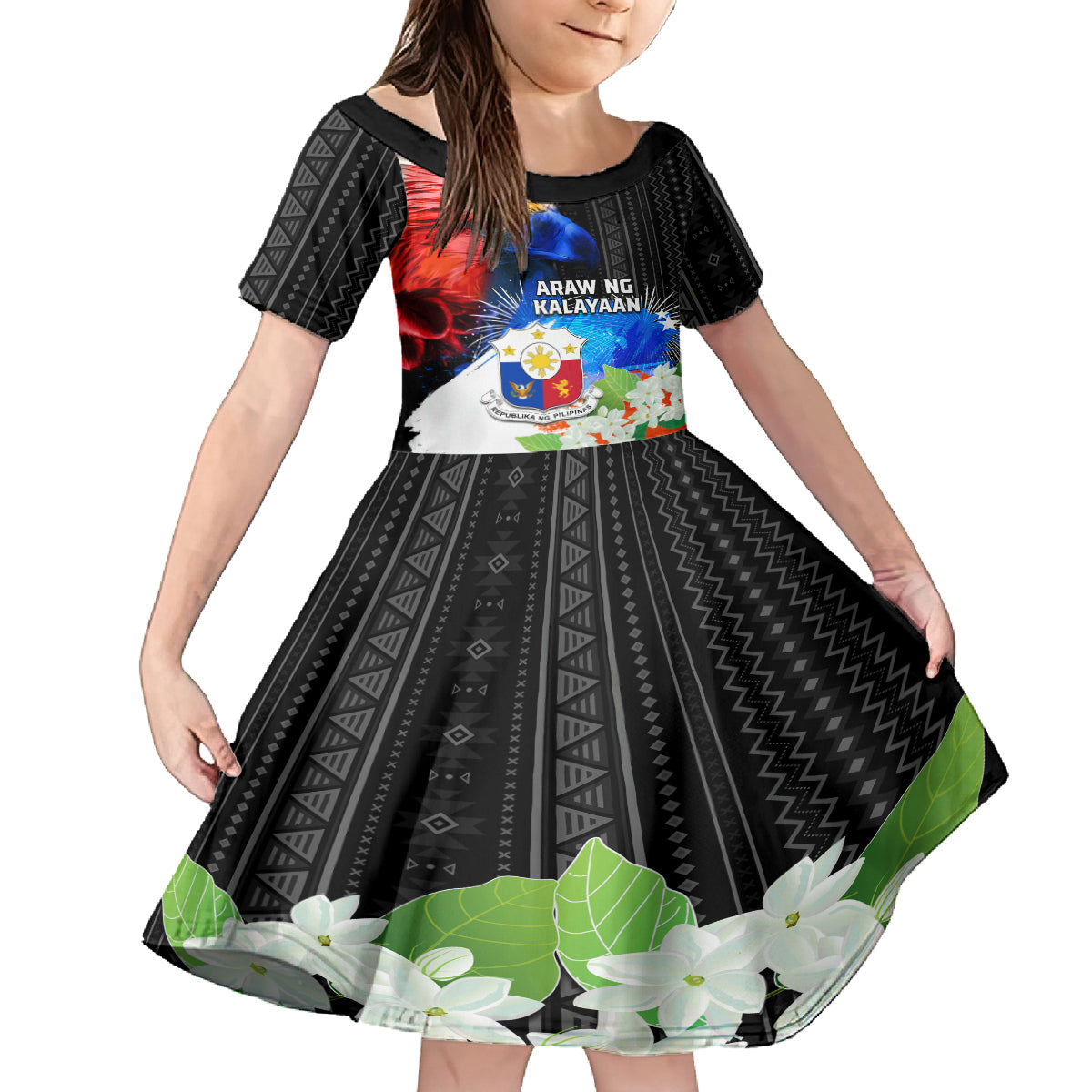 Philippines Independence Day Kid Short Sleeve Dress Philippines Eagle and Sampaguita Jasmine Yakan Tribal