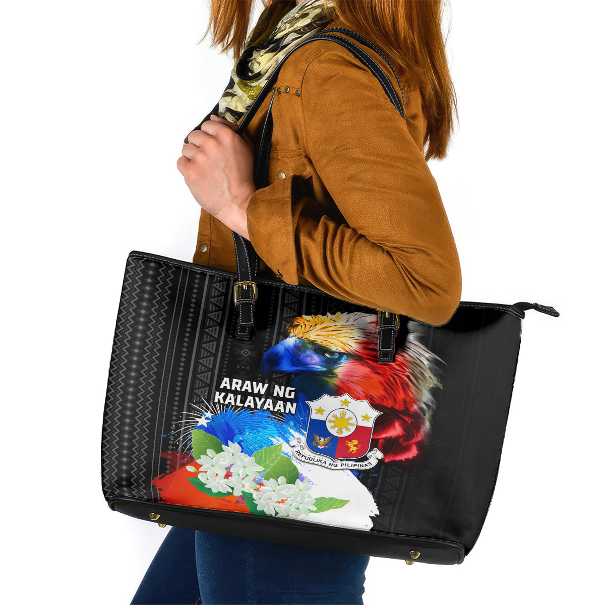 Philippines Independence Day Leather Tote Bag Philippines Eagle and Sampaguita Jasmine Yakan Tribal LT03 Black - Polynesian Pride