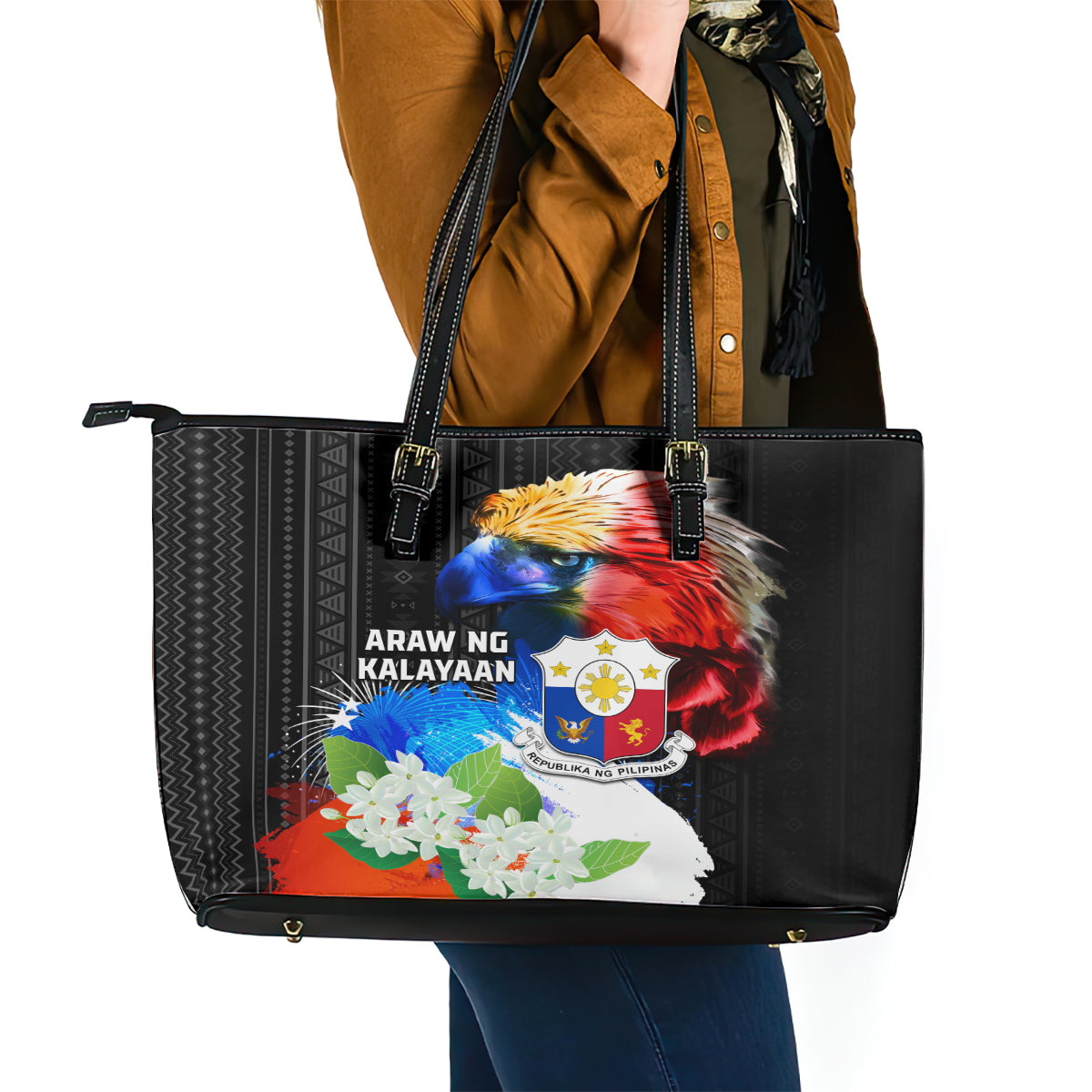 Philippines Independence Day Leather Tote Bag Philippines Eagle and Sampaguita Jasmine Yakan Tribal LT03 - Polynesian Pride
