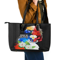 Philippines Independence Day Leather Tote Bag Philippines Eagle and Sampaguita Jasmine Yakan Tribal LT03 - Polynesian Pride