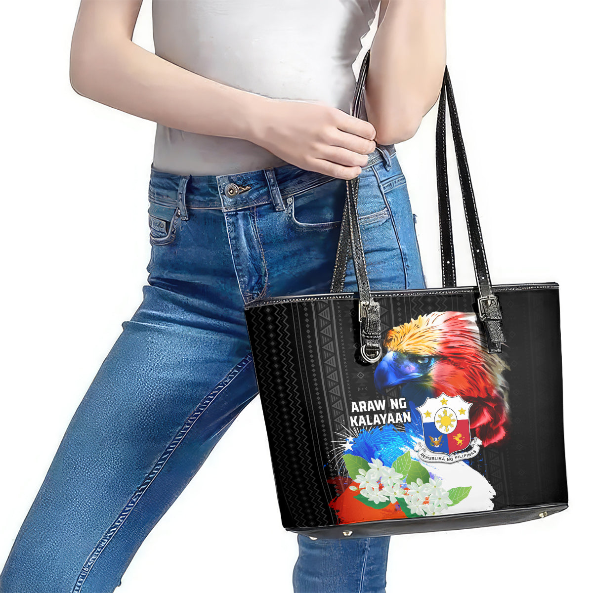 Philippines Independence Day Leather Tote Bag Philippines Eagle and Sampaguita Jasmine Yakan Tribal LT03 - Polynesian Pride
