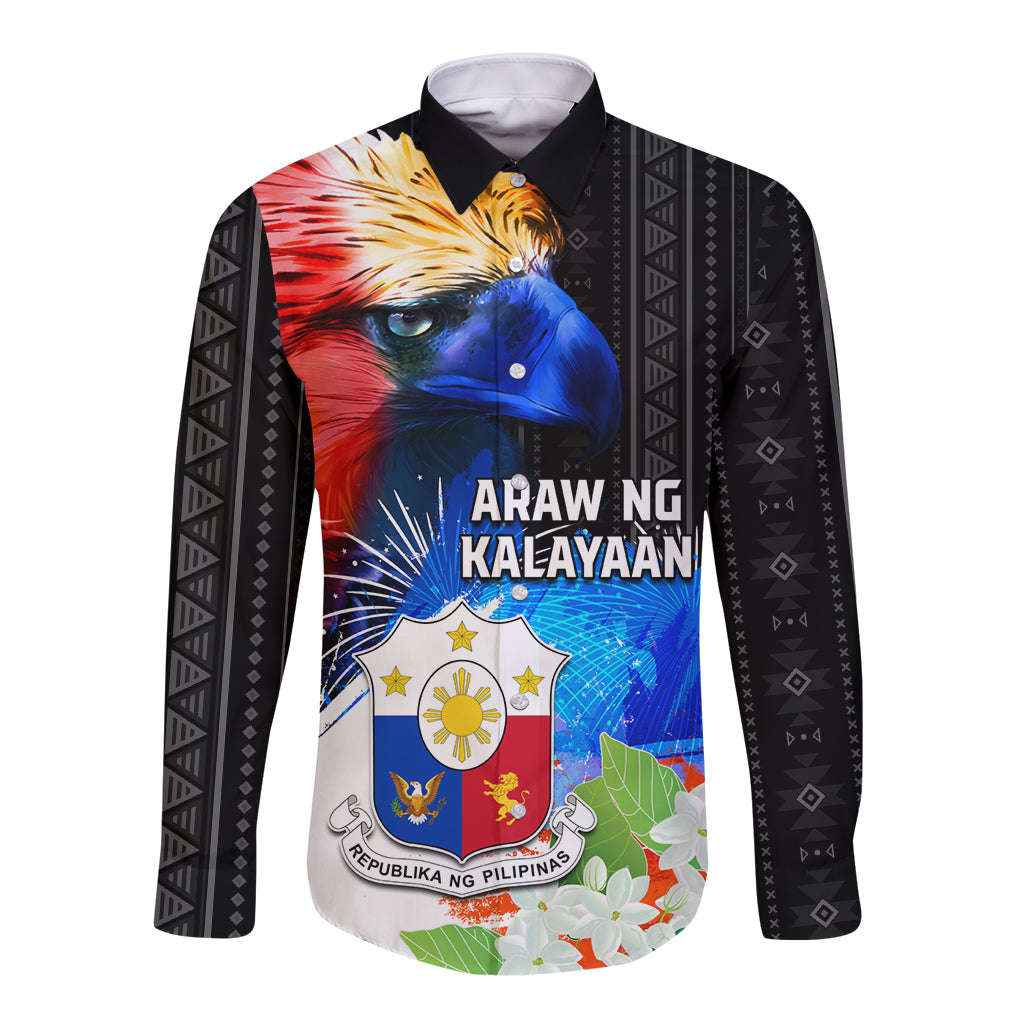 Philippines Independence Day Long Sleeve Button Shirt Philippines Eagle and Sampaguita Jasmine Yakan Tribal