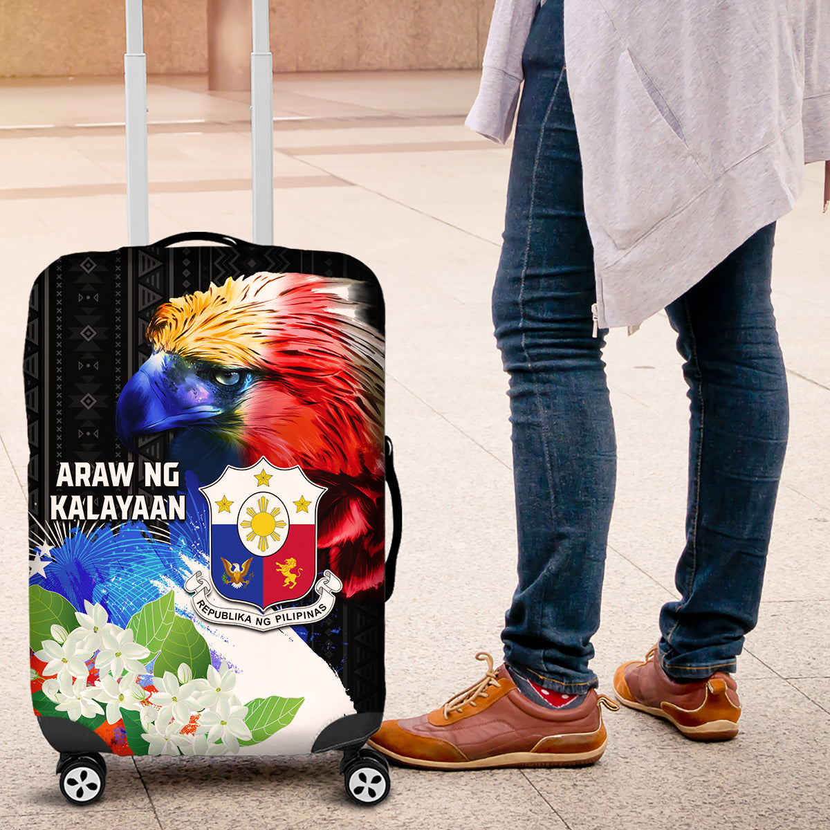 Philippines Independence Day Luggage Cover Philippines Eagle and Sampaguita Jasmine Yakan Tribal LT03 Black - Polynesian Pride