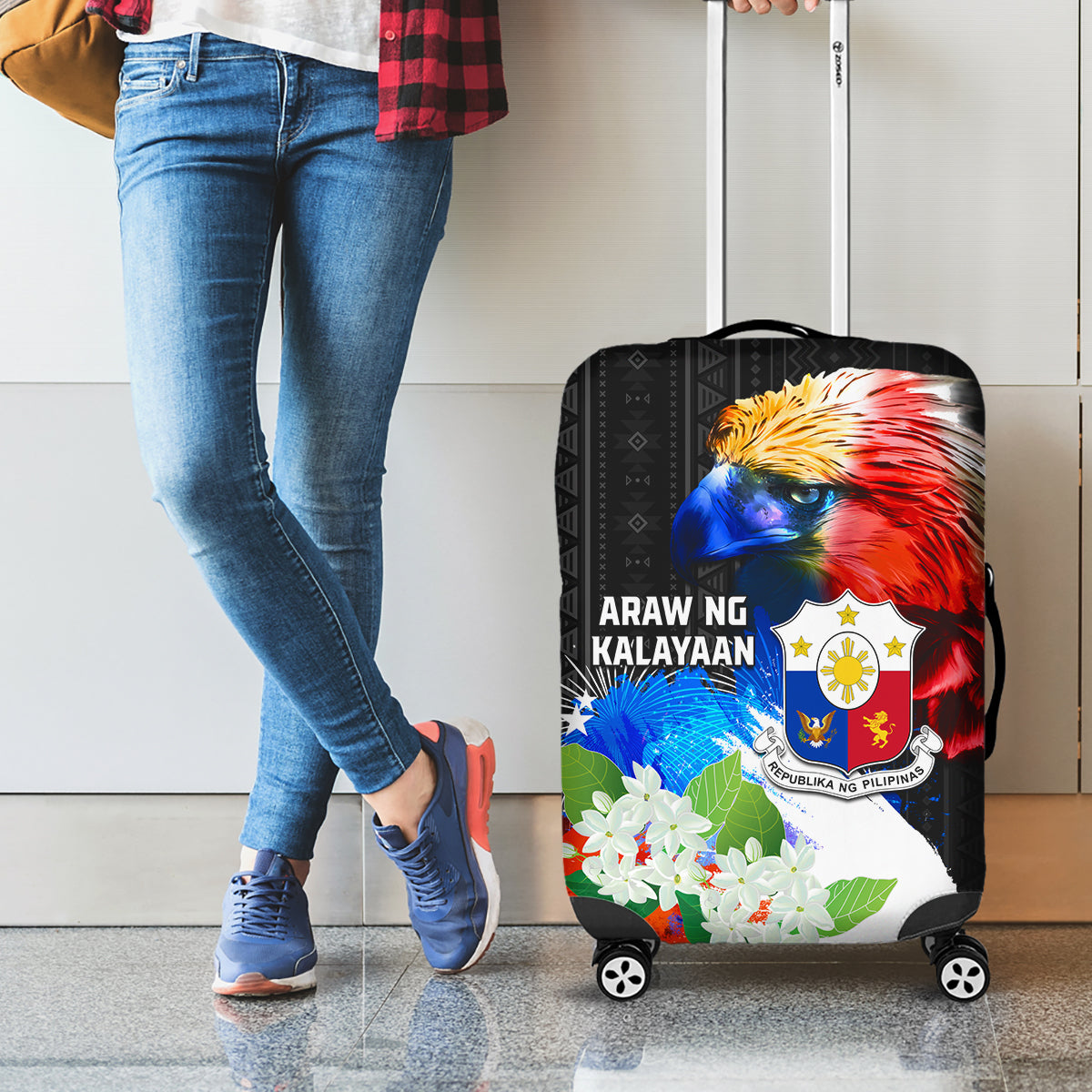 Philippines Independence Day Luggage Cover Philippines Eagle and Sampaguita Jasmine Yakan Tribal LT03 - Polynesian Pride