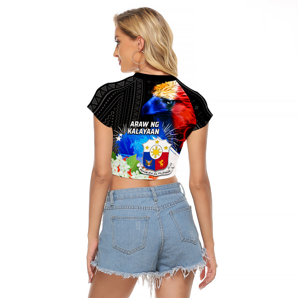 Philippines Independence Day Raglan Cropped T Shirt Philippines Eagle and Sampaguita Jasmine Yakan Tribal