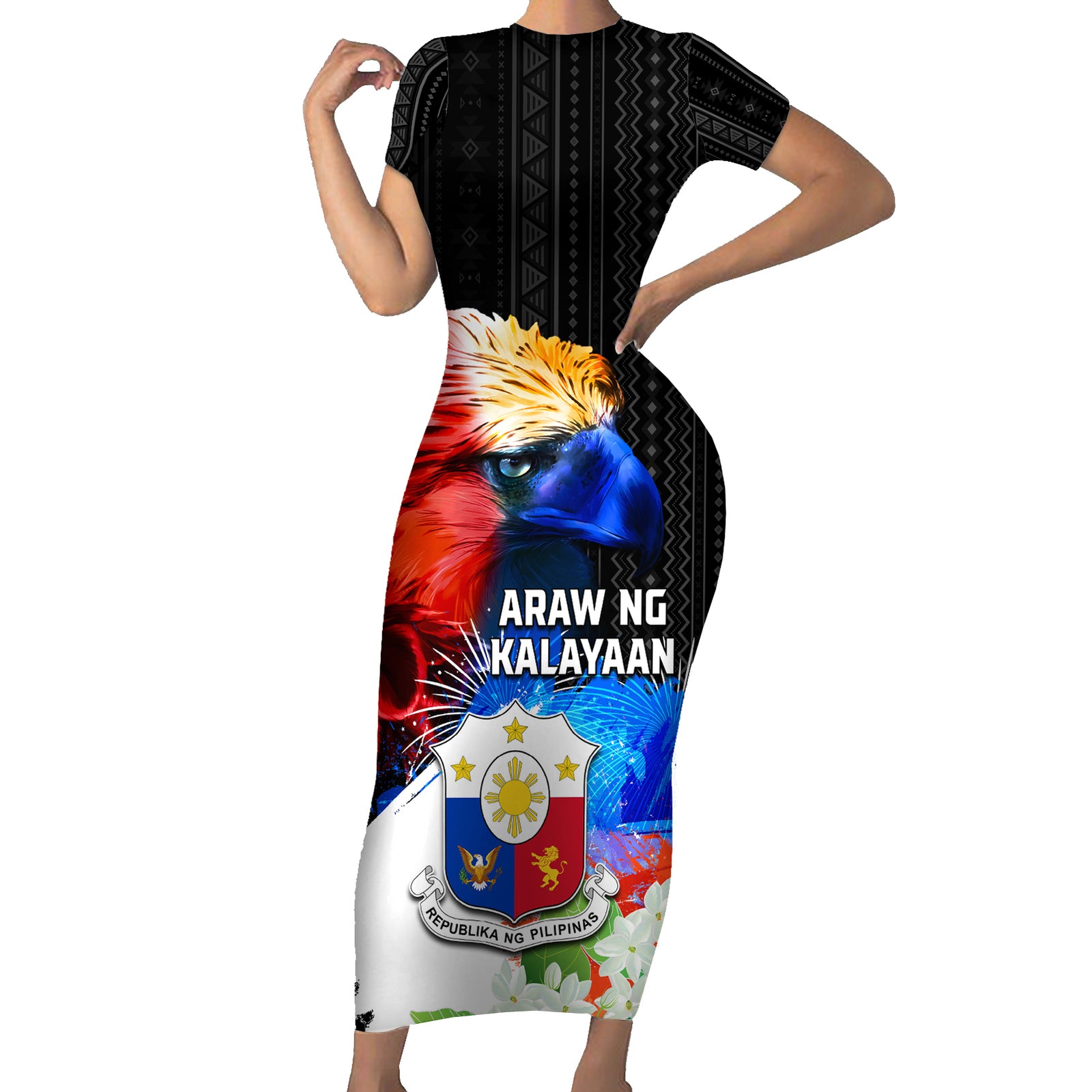 Philippines Independence Day Short Sleeve Bodycon Dress Philippines Eagle and Sampaguita Jasmine Yakan Tribal