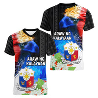 Philippines Independence Day Women V Neck T Shirt Philippines Eagle and Sampaguita Jasmine Yakan Tribal