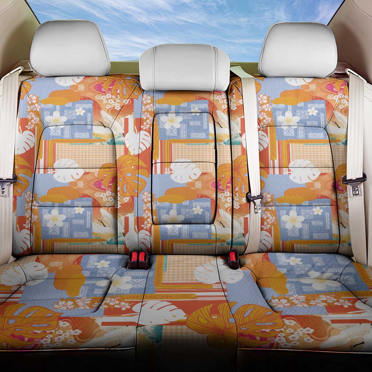 Hawaiian and Japanese Culture Together Back Car Seat Cover Palaka Japanese Art and Tropical Motif Tribal Patchwork LT03 One Size Multicolor - Polynesian Pride