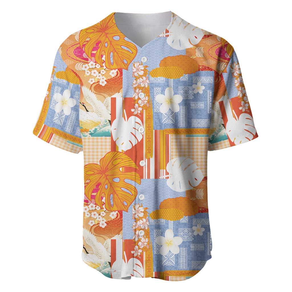 Hawaiian and Japanese Culture Together Baseball Jersey Palaka Japanese Art and Tropical Motif Tribal Patchwork