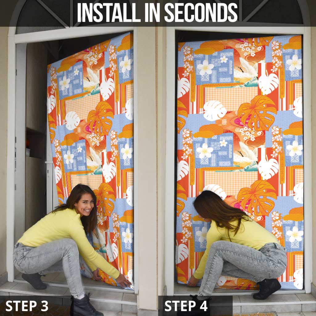 Hawaiian and Japanese Culture Together Door Cover Palaka Japanese Art and Tropical Motif Tribal Patchwork LT03 - Polynesian Pride