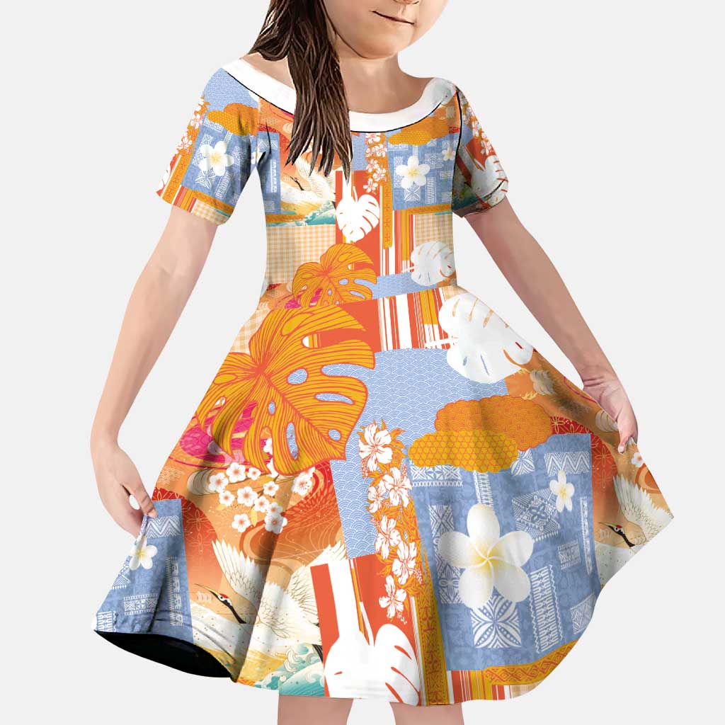 Hawaiian and Japanese Culture Together Family Matching Mermaid Dress and Hawaiian Shirt Palaka Japanese Art and Tropical Motif Tribal Patchwork LT03 Daughter's Dress Multicolor - Polynesian Pride