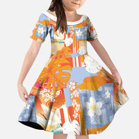 Hawaiian and Japanese Culture Together Family Matching Off Shoulder Short Dress and Hawaiian Shirt Palaka Japanese Art and Tropical Motif Tribal Patchwork LT03 Daughter's Dress Multicolor - Polynesian Pride