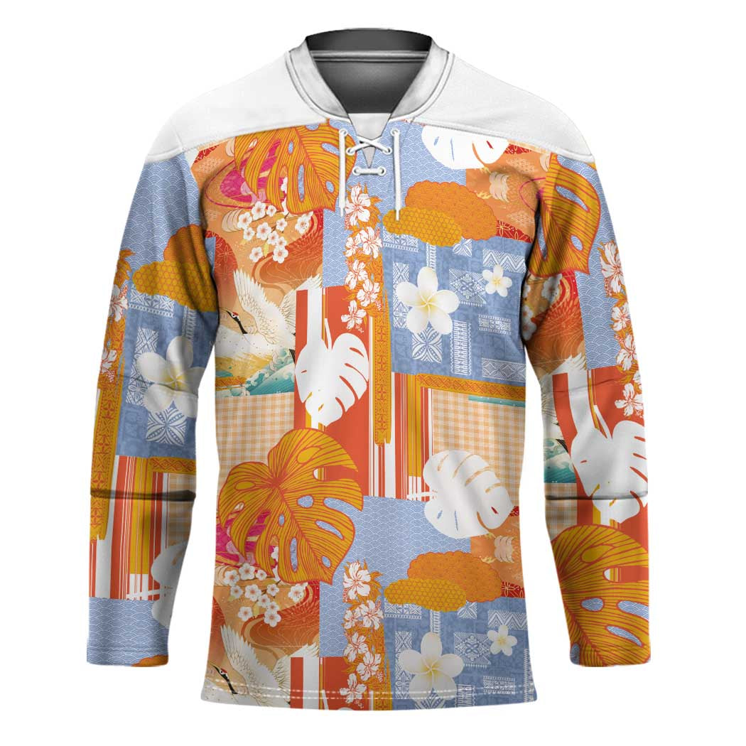 Hawaiian and Japanese Culture Together Hockey Jersey Palaka Japanese Art and Tropical Motif Tribal Patchwork LT03 Unisex Multicolor - Polynesian Pride