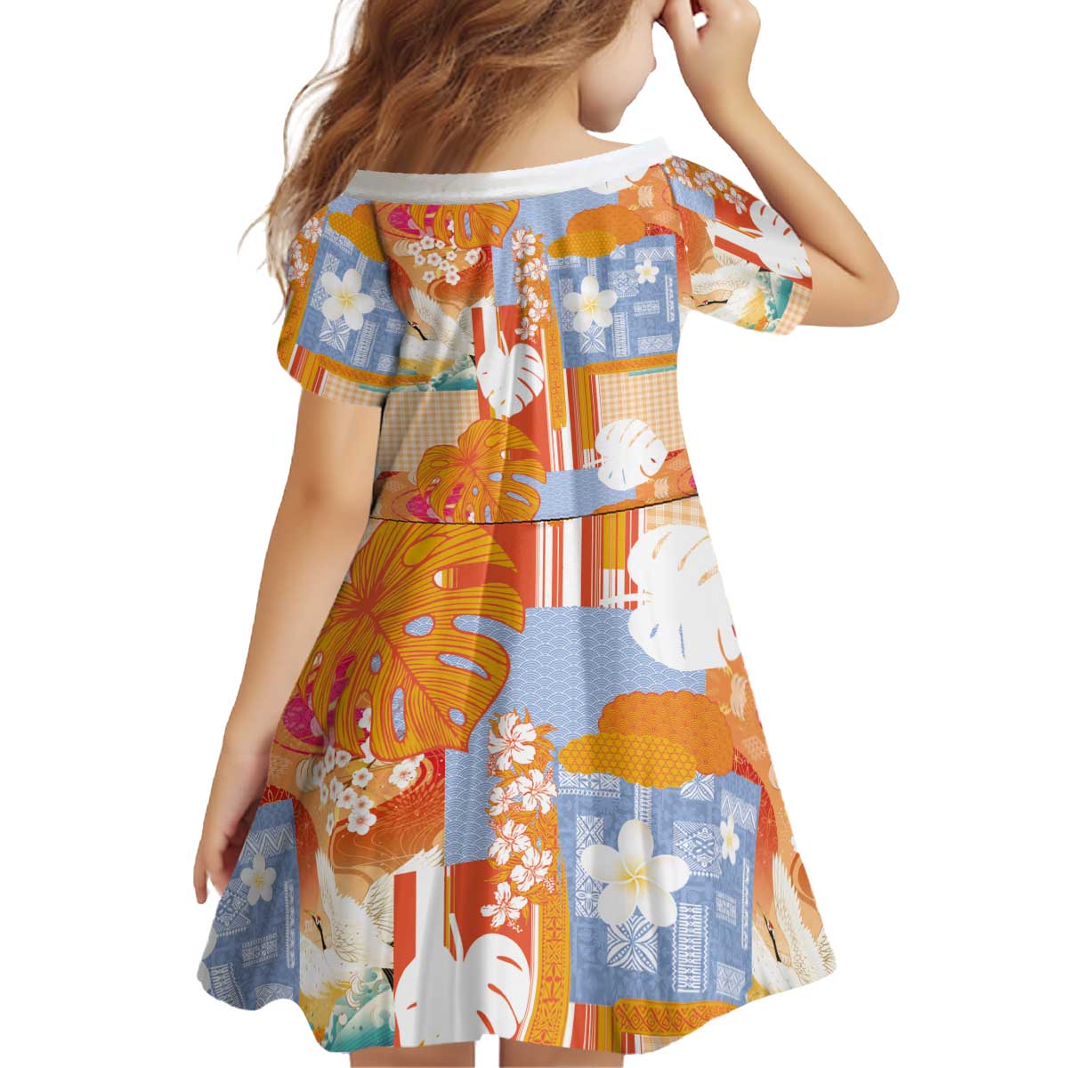 Hawaiian and Japanese Culture Together Kid Short Sleeve Dress Palaka Japanese Art and Tropical Motif Tribal Patchwork LT03 - Polynesian Pride
