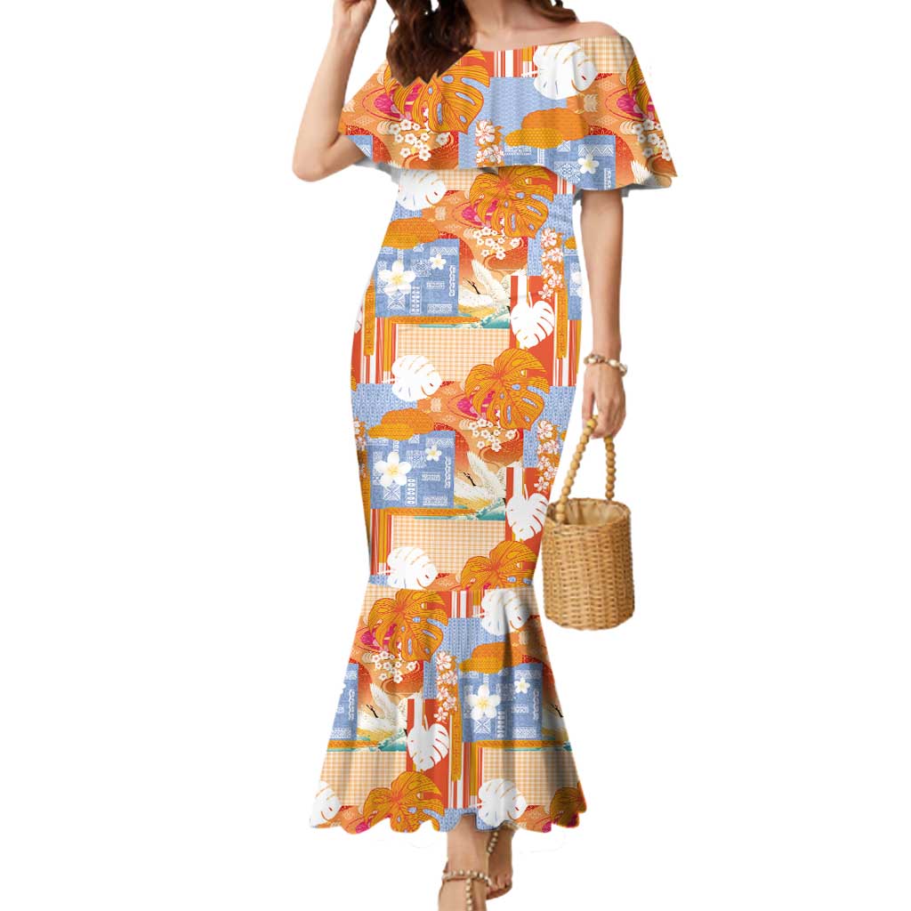 Hawaiian and Japanese Culture Together Mermaid Dress Palaka Japanese Art and Tropical Motif Tribal Patchwork